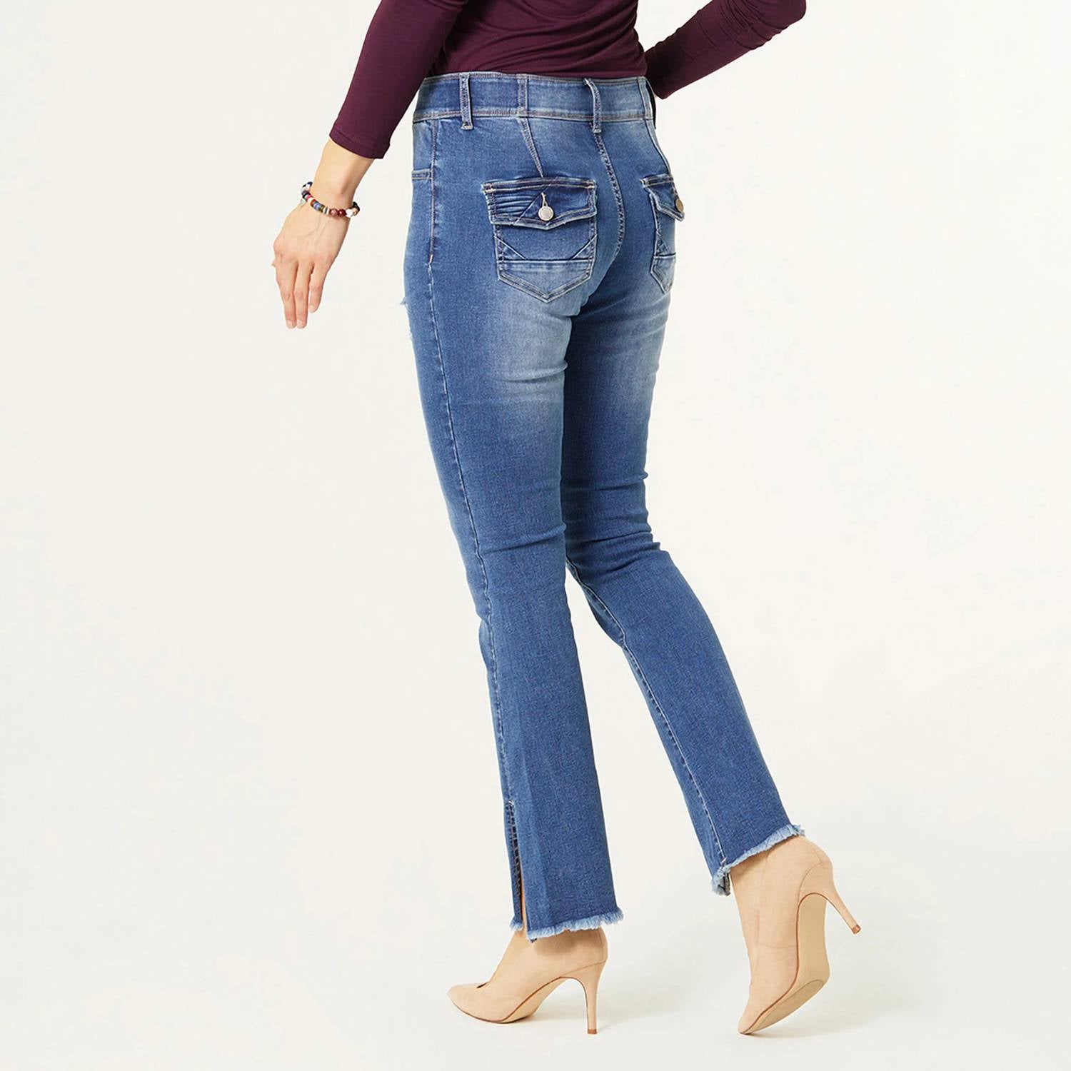 COCO + CARMEN OMG ZoeyZip Bootcut Jeans with Front Slit in blue - women's pants - detail view