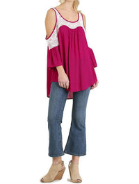 umgee Cold Shoulder Top With Lace Details in berry - women's blouse - view 4