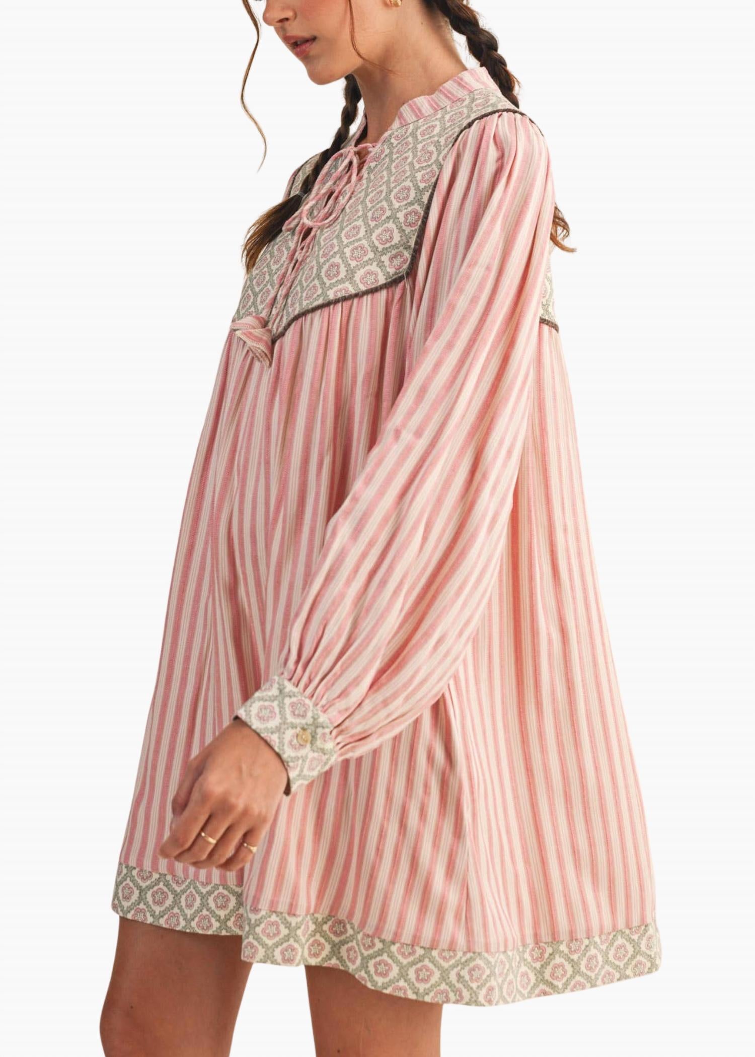 &merci Lou Striped Mini Dress in rose pink stripe - women's dress - detail view