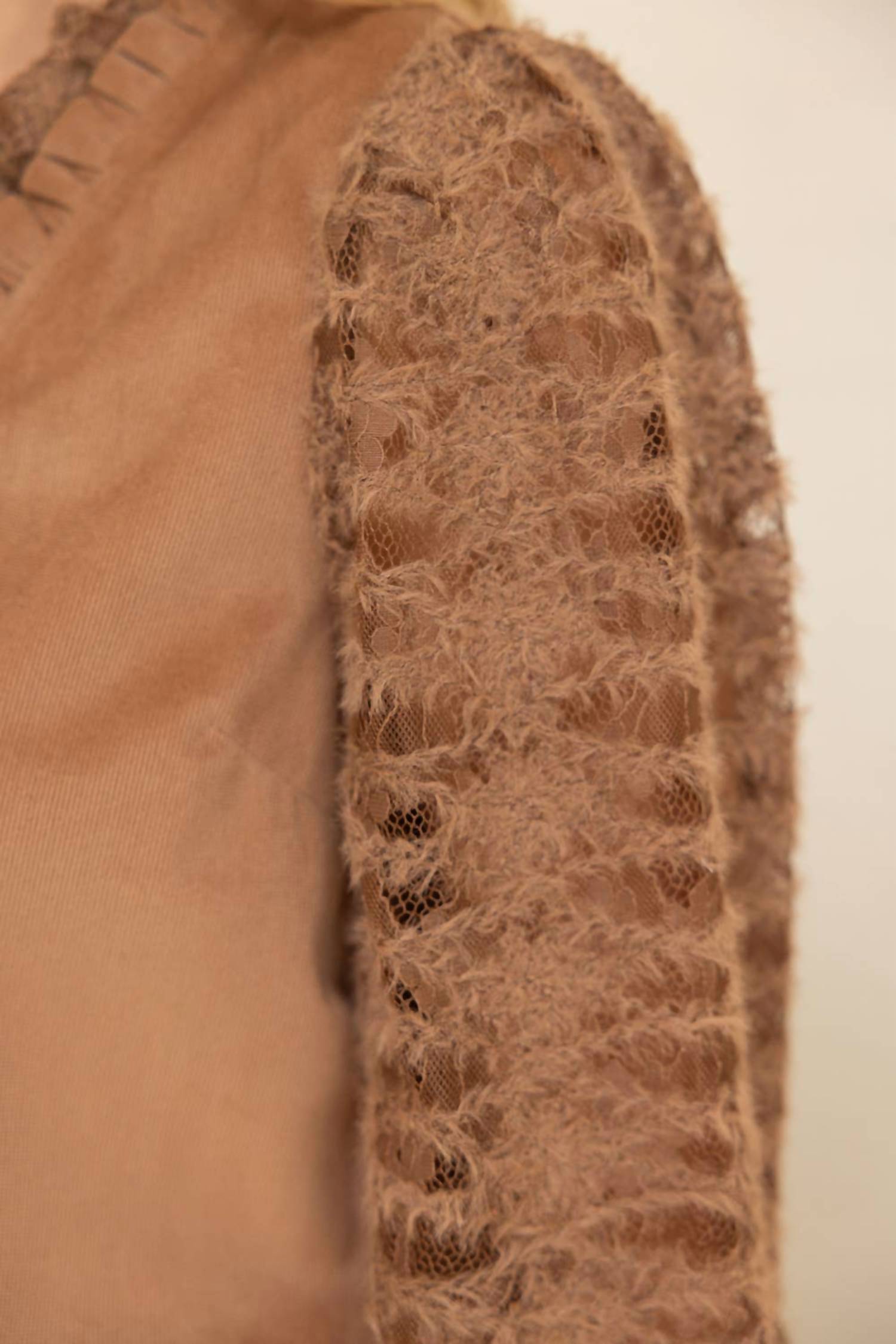 Voy - Fuzzy Lace Long Sleeve Ruffle Detailed Corduroy Top