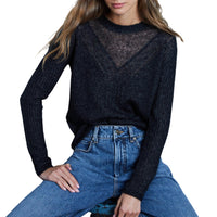 Autumn Cashmere Shaker Cable Crew Sweater With Sheer Yoke in black 1 - women's long sleeve top - view 4