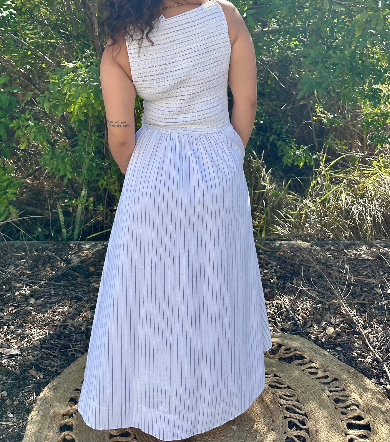 Stitch & Co. - Pinstripe Smocked Sleeveless Midi Dress