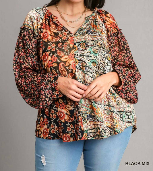 Print Split Neck And High Low Hem Top