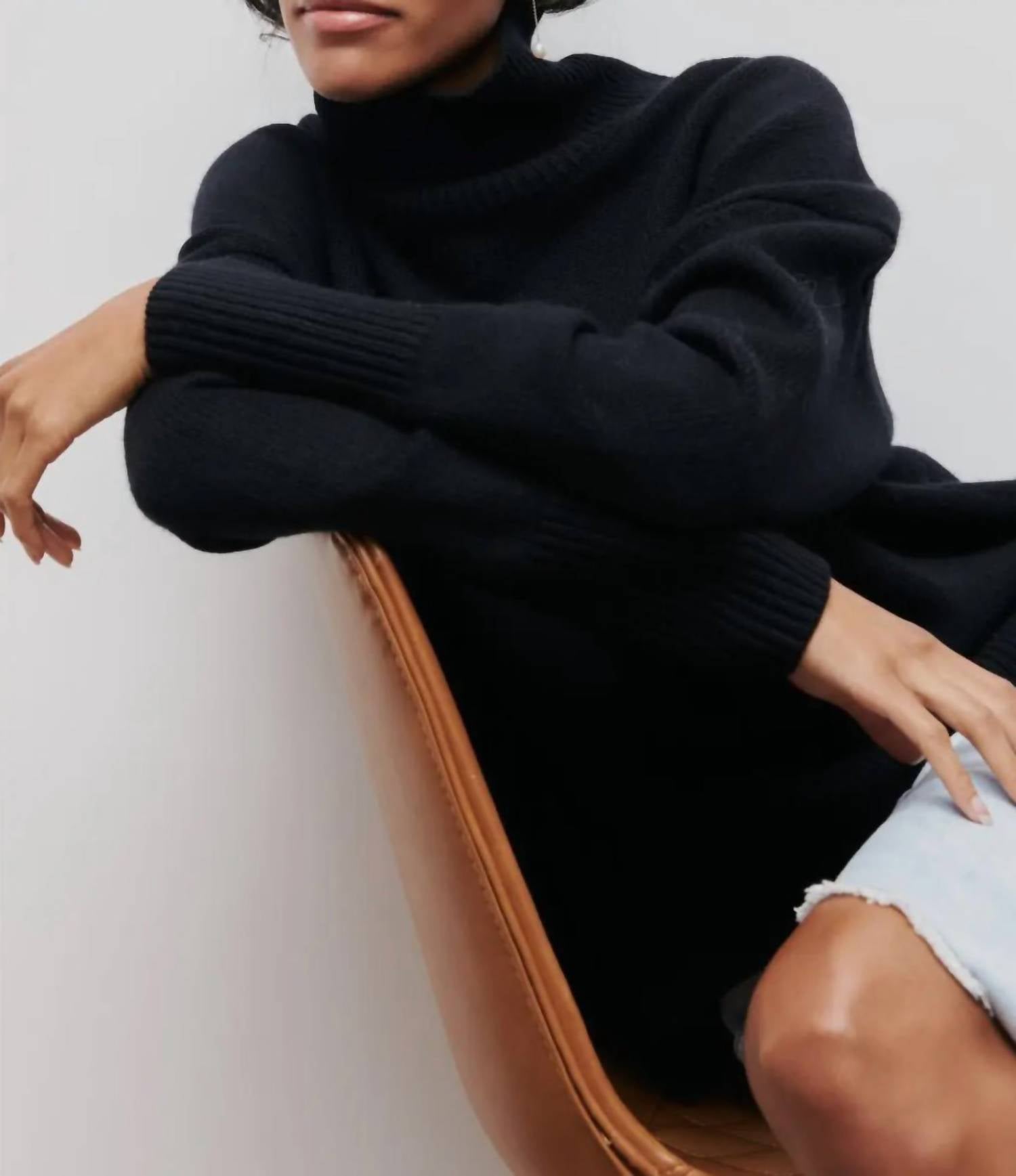 Rosa Clothing Soft Oversized Turtleneck Sweater in black - women's sweater - detail view