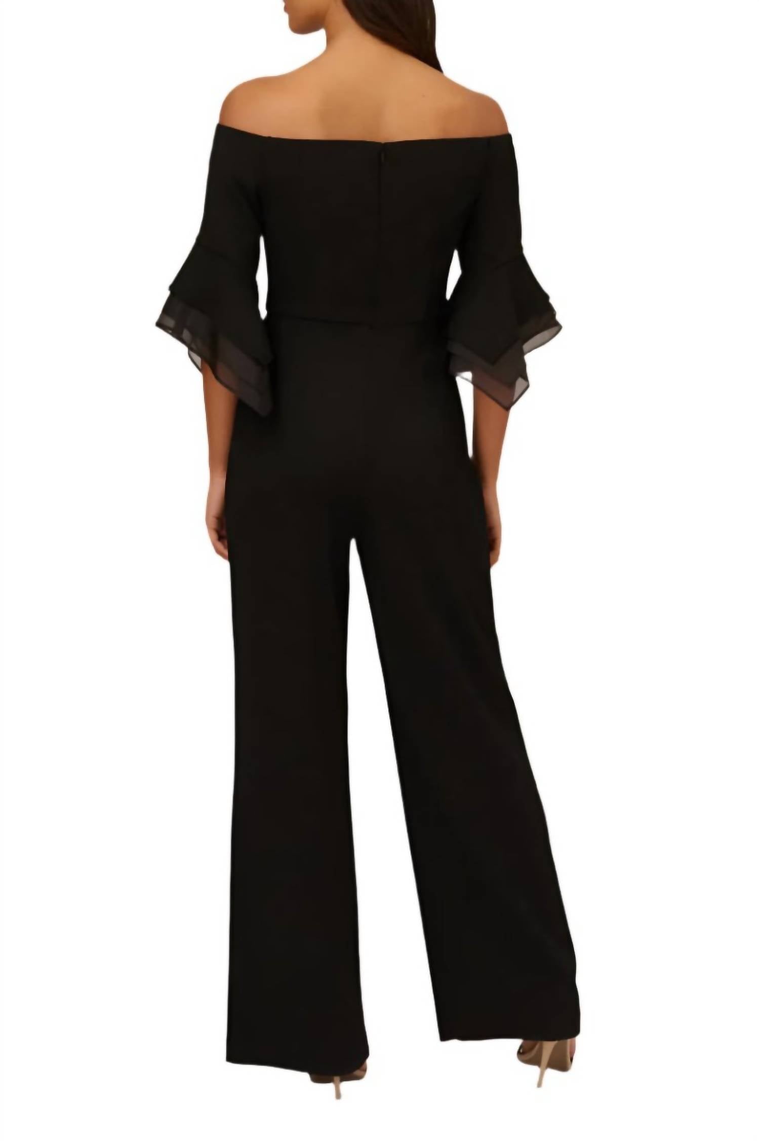 Adrianna Papell - Off Shoulder Flounce Sleeve Zipper Back Jumpsuit