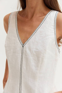 Crescent - Contrast Stitch V-neck Linen Mini Dress