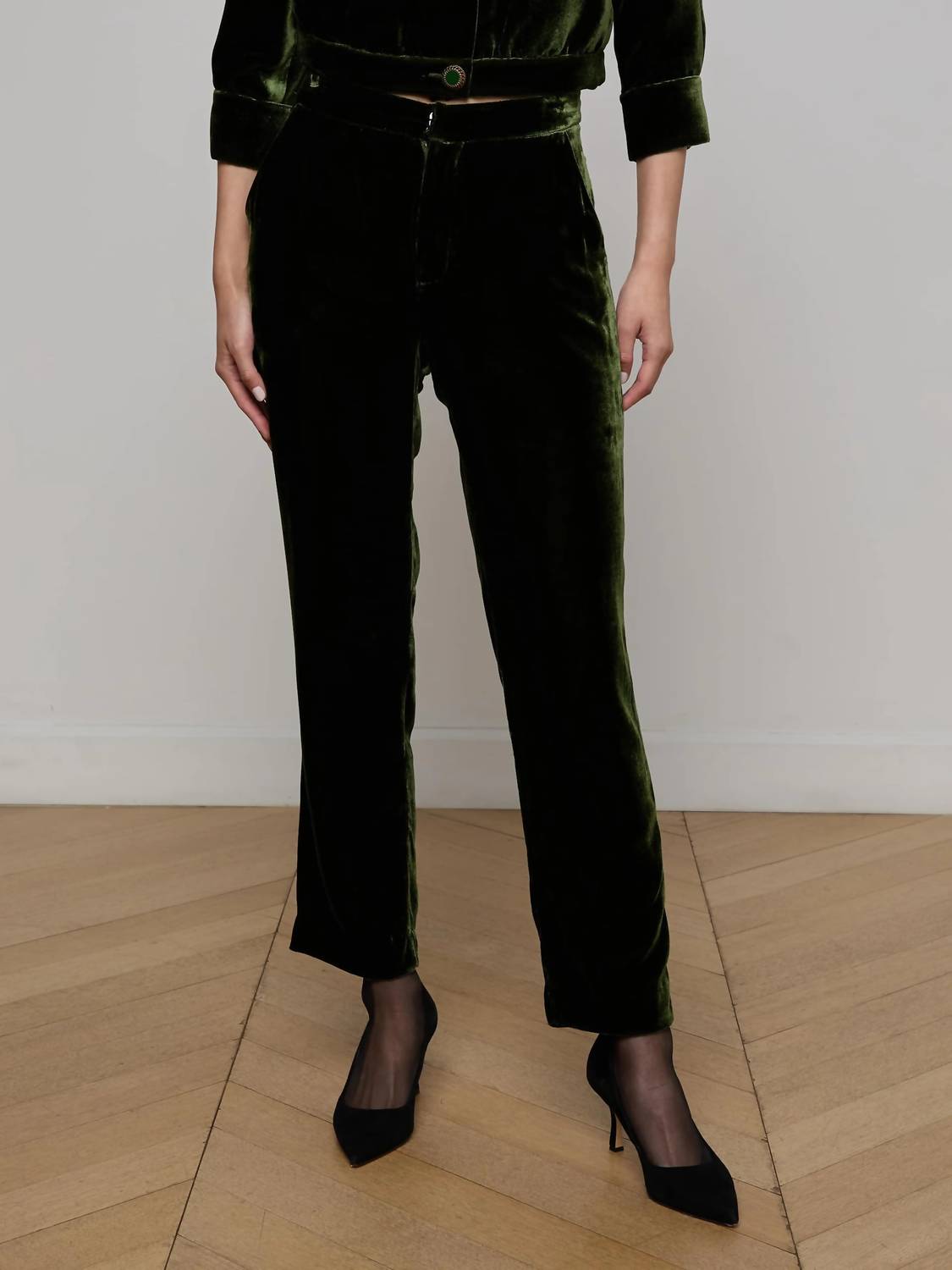 L'Agence Rebel Velvet Trouser in deep olive 1 - women's pants - detail view