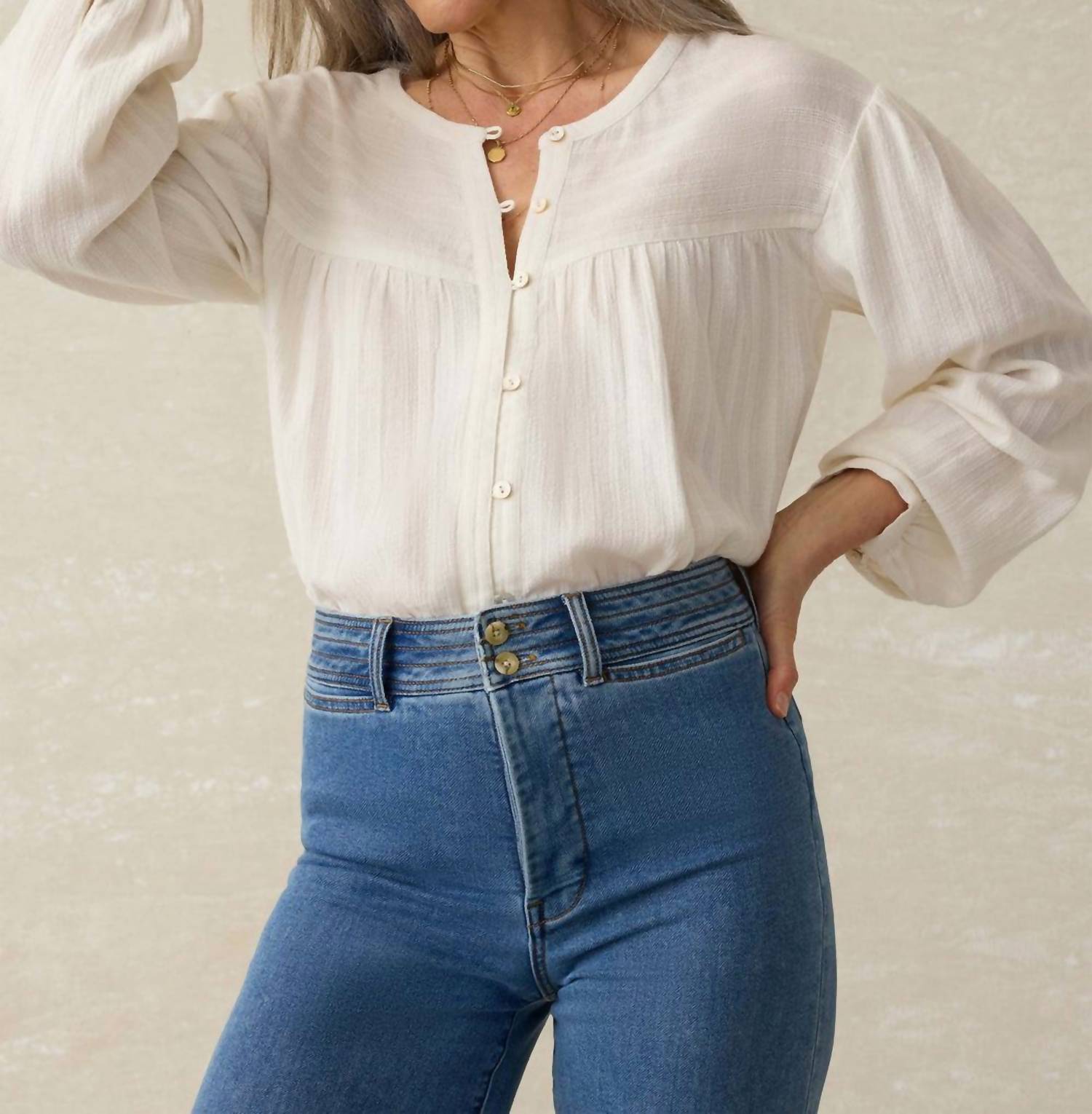Faherty - Lena Long Sleeve Button Up Blouse - beige - blouses - clothing