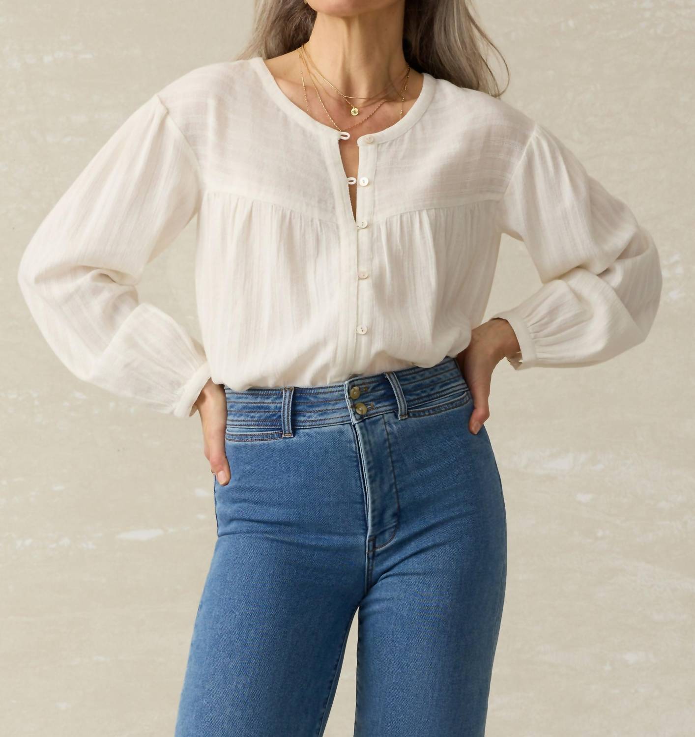 Faherty - Lena Long Sleeve Button Up Blouse - beige - blouses - clothing
