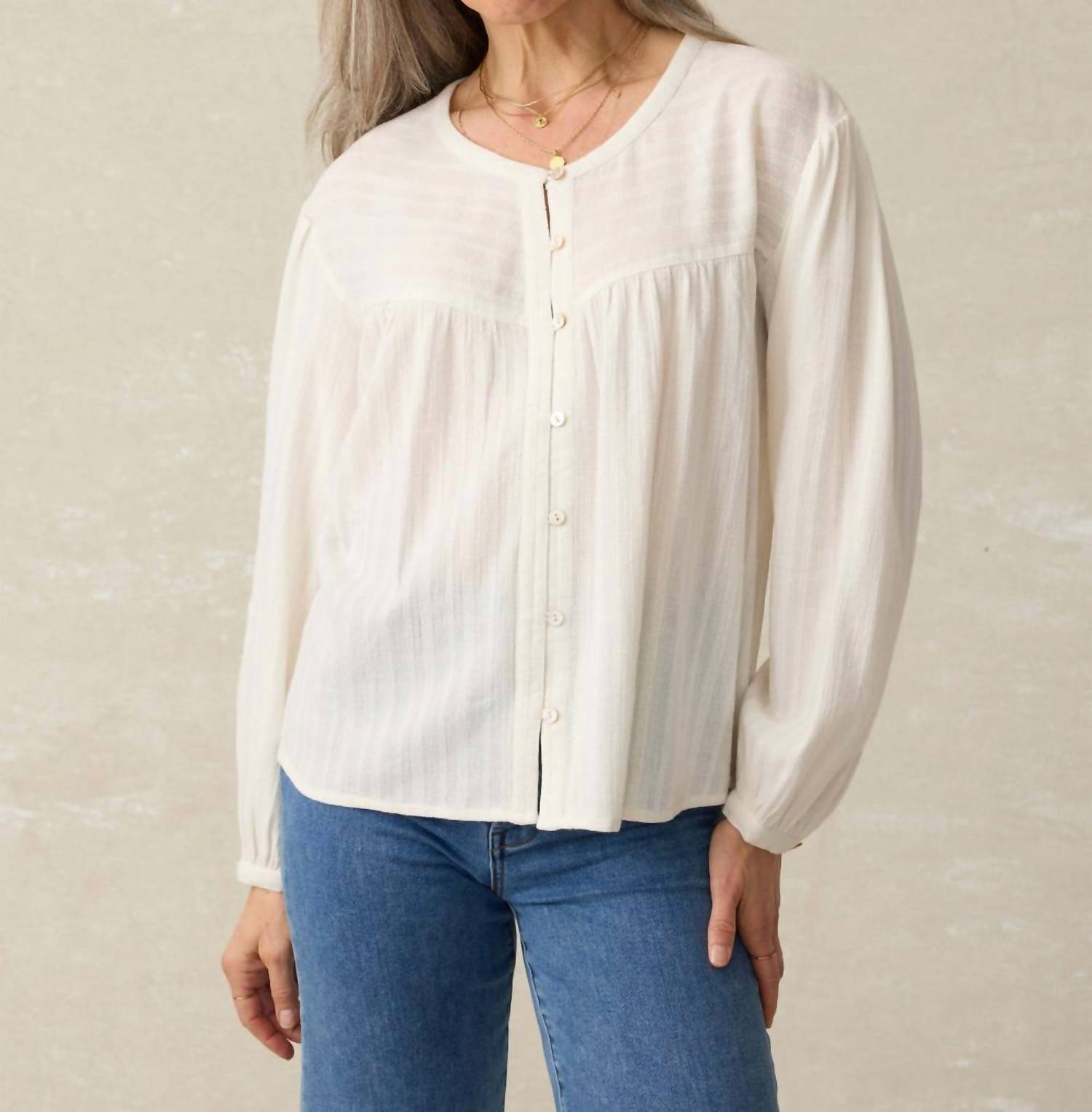 Faherty - Lena Long Sleeve Button Up Blouse - beige - blouses - clothing