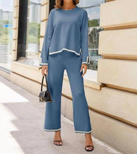 Faire - Round Neck Sweater Top And Pants Two Piece Set