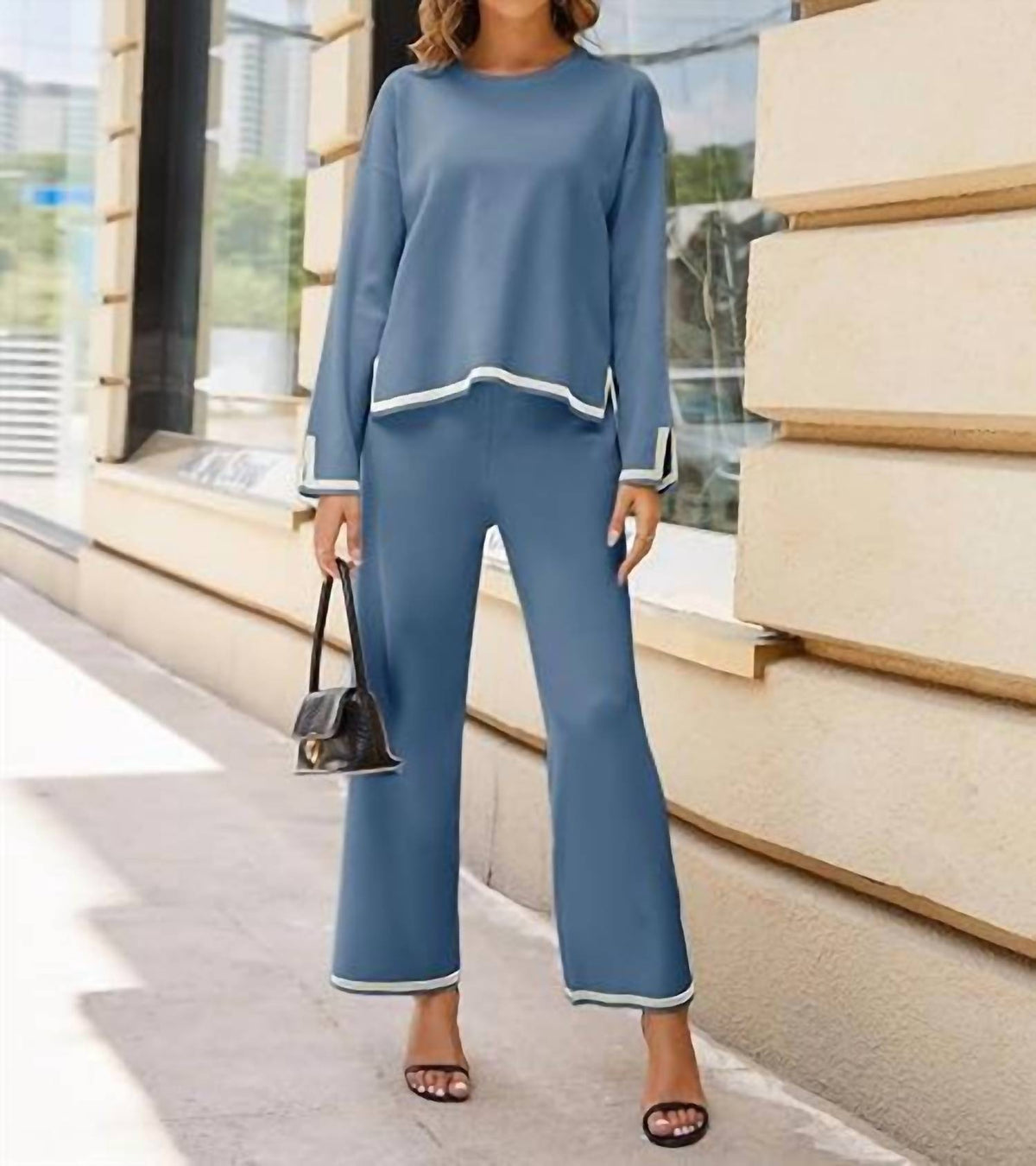 Faire - Round Neck Sweater Top And Pants Two Piece Set