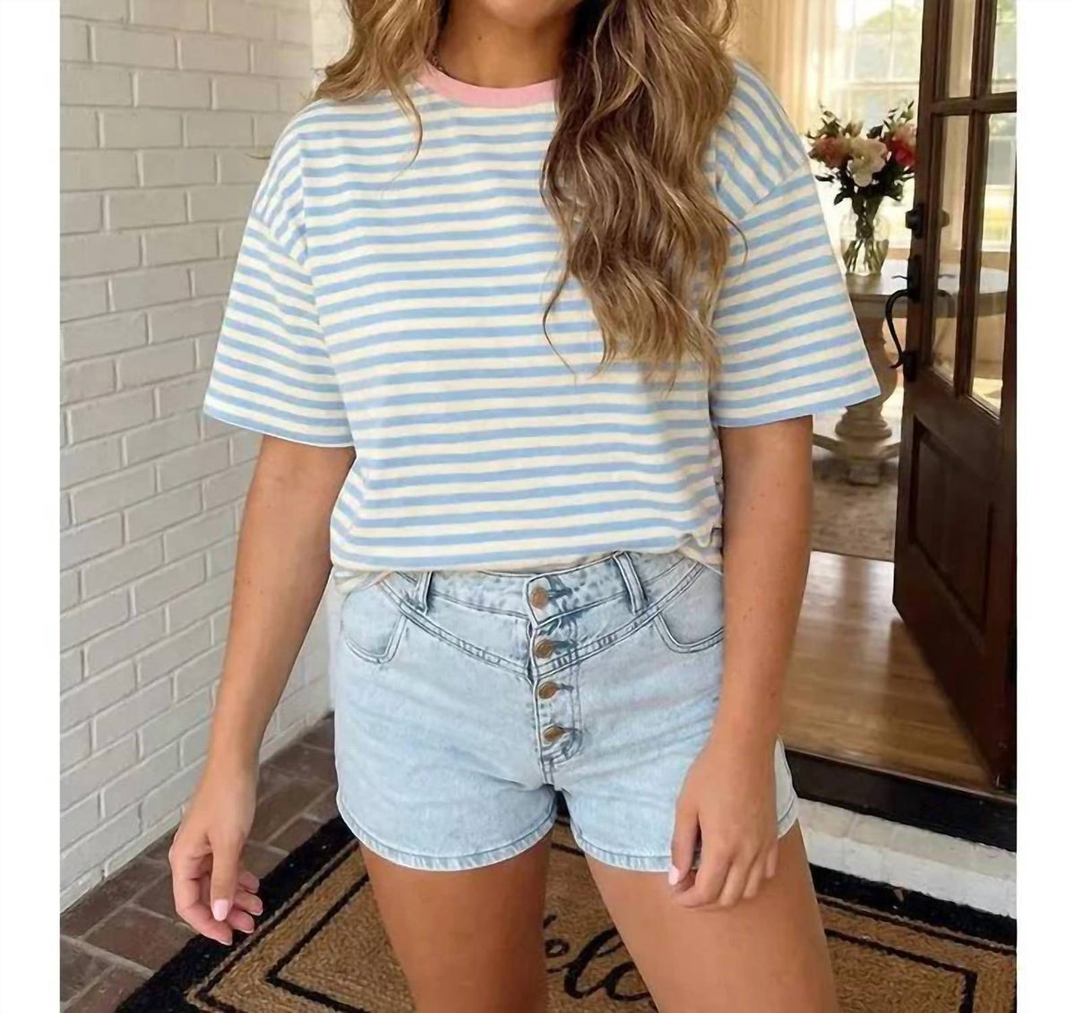 Faire - Stripe Looks Contrast Drop Shoulder Loose Tee