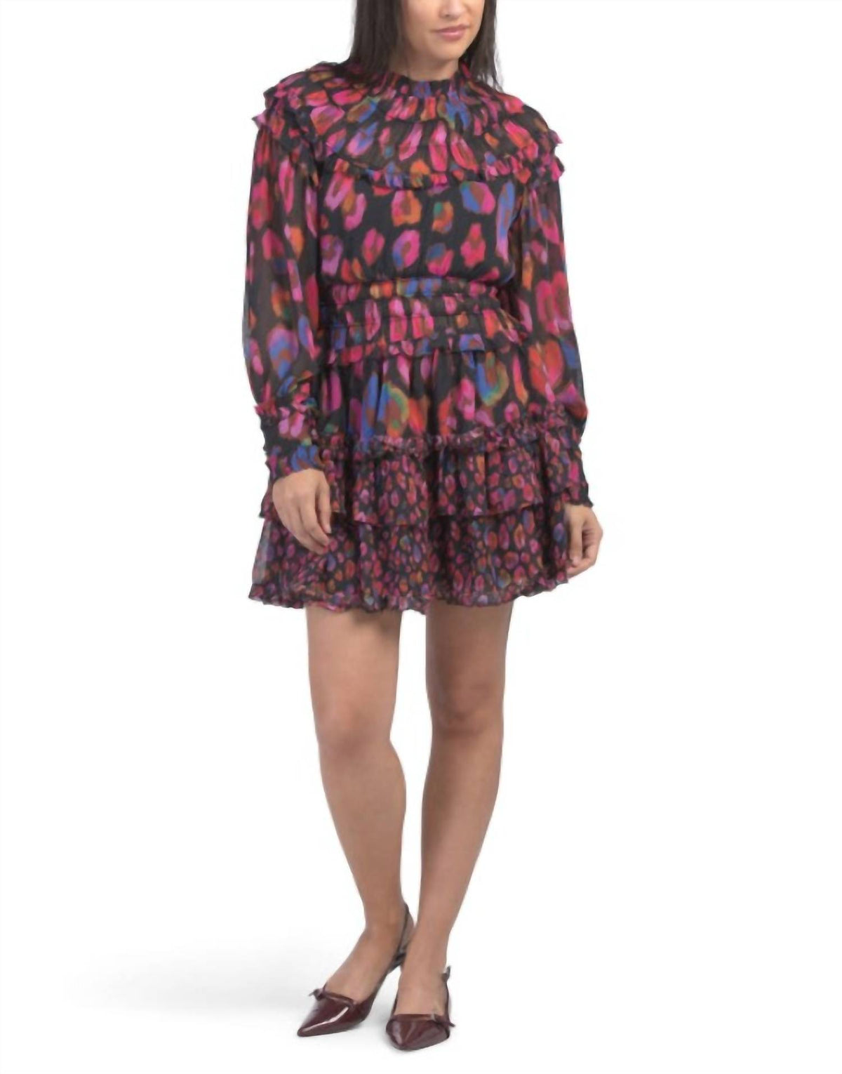 Farm Rio - Iridescent Leopard Print Ruffled Mini Dress