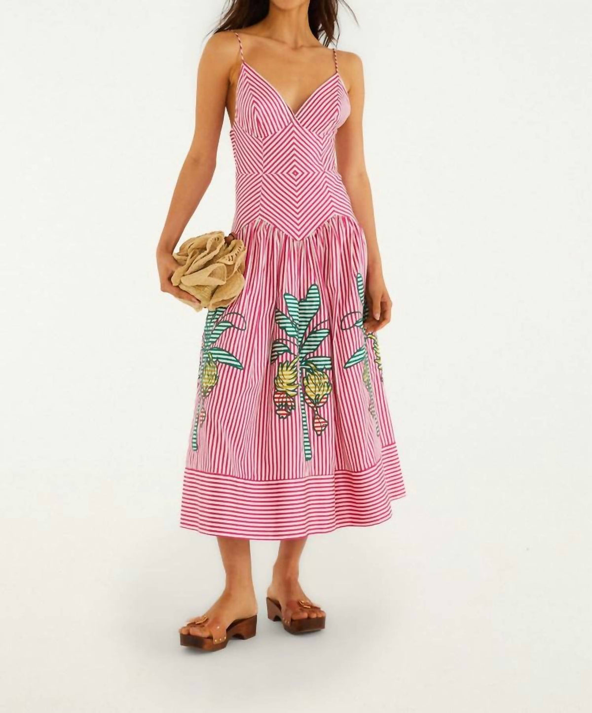 Farm Rio - PALM TREE CUTWORK STRIPES SLEEVELESS MIDI DRESS