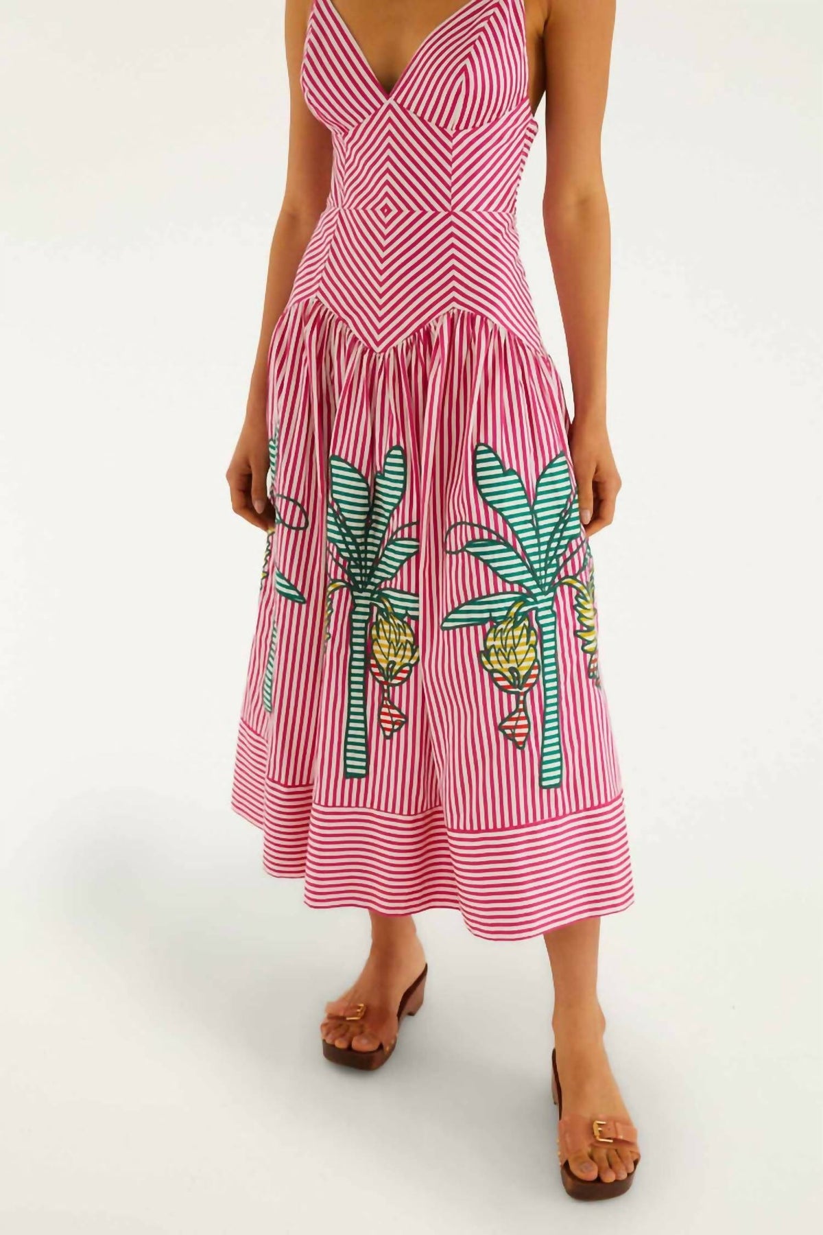 Farm Rio - PALM TREE CUTWORK STRIPES SLEEVELESS MIDI DRESS