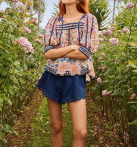 Farm Rio - Richelieu Linen Shorts - blue - clothing - high - waist