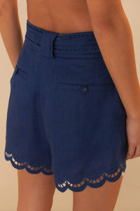 Farm Rio - Richelieu Linen Shorts - blue - clothing - high - waist