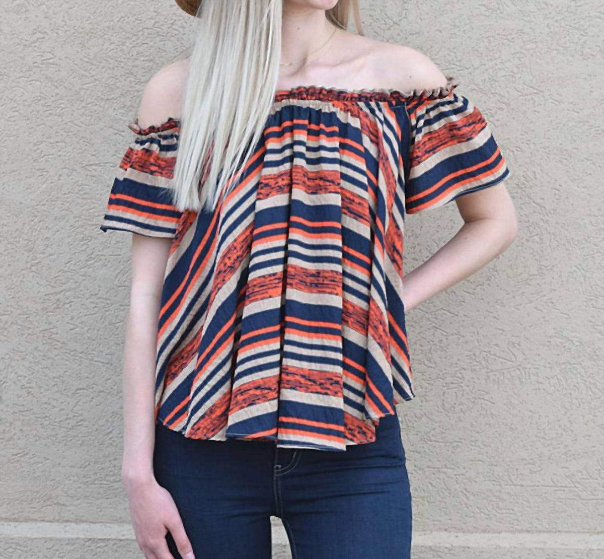 Fascination - Off The Shoulder Stripe Woven Top