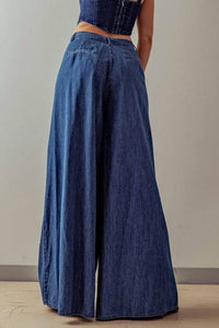 Fashion Week - Wide Leg Pleated Denim Jeans - blue - clothing - flare