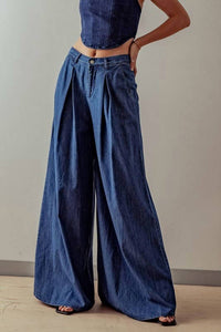 Fashion Week - Wide Leg Pleated Denim Jeans - blue - clothing - flare