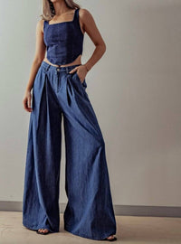 Fashion Week - Wide Leg Pleated Denim Jeans - blue - clothing - flare