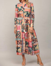 Fate - Bohemian Patchwork Print Button Front Maxi Dress