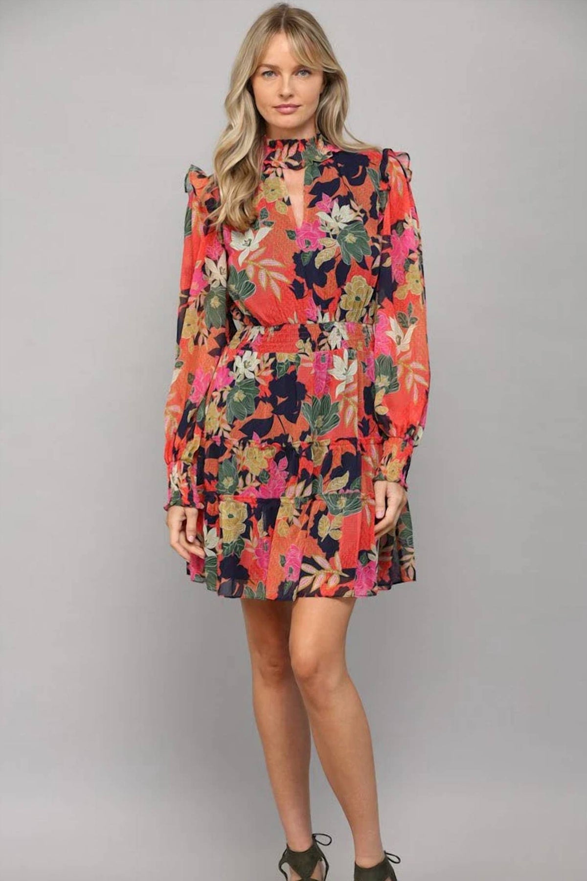 Fate - Floral Print Front Keyhole Tiered Mini Dress