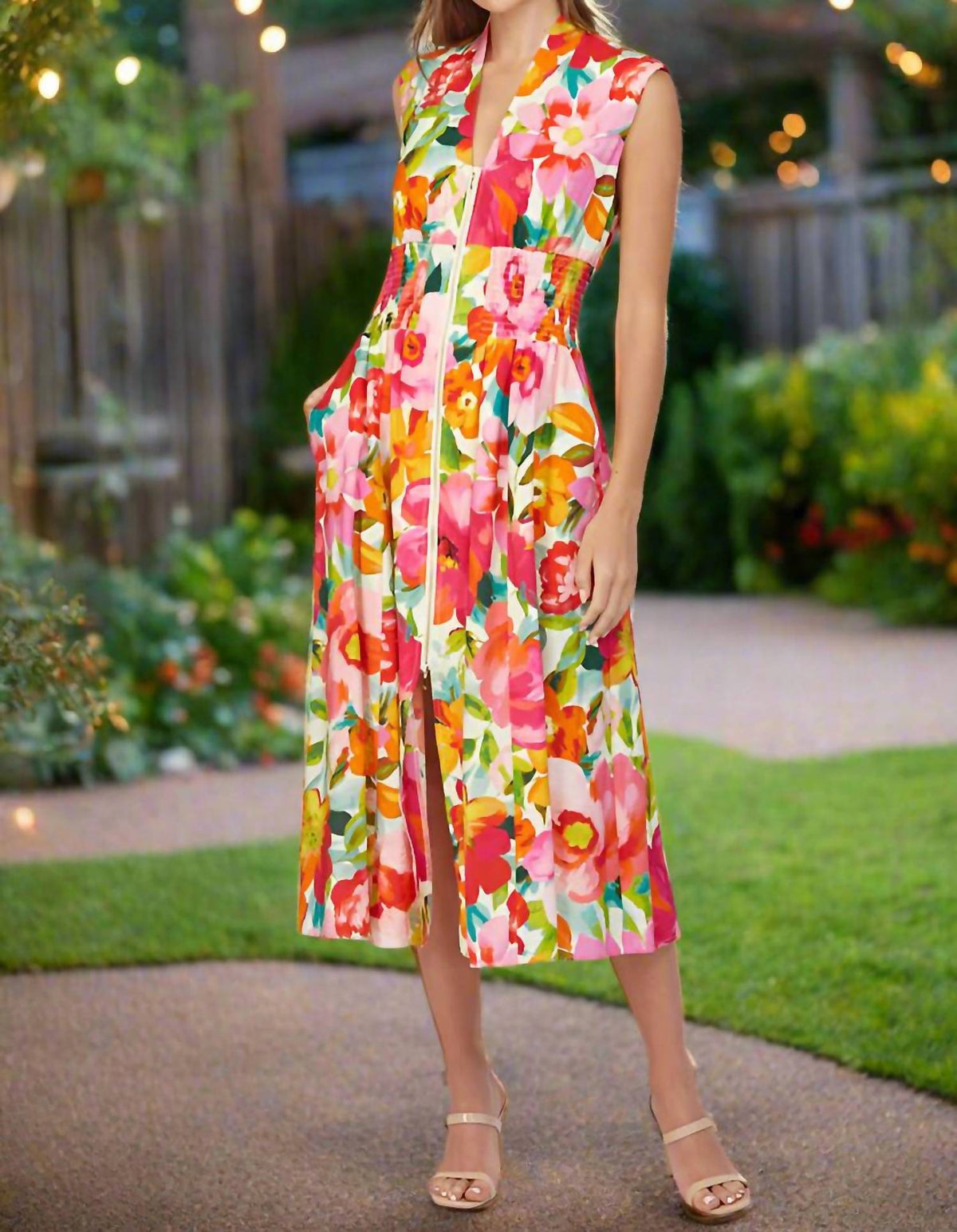 Fate - Floral Zip Front Sleeveless Midi Dress