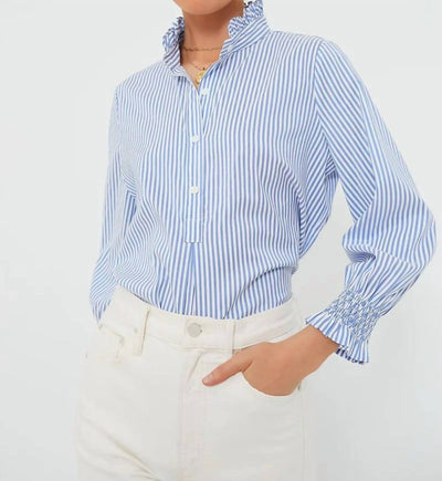 Fate - Women's Stripe Pattern Ruffled Stand Collar Top