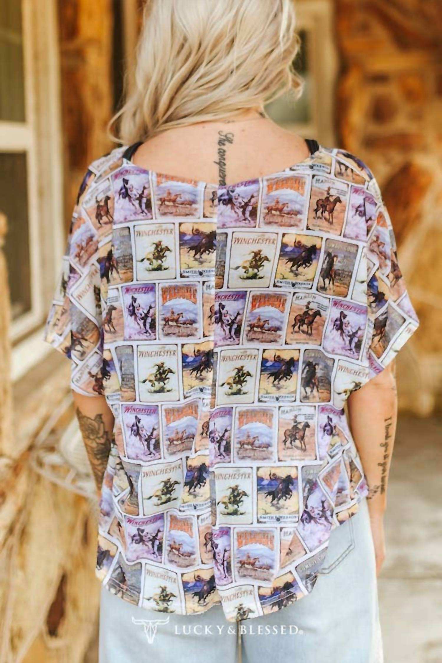 Lucky & Blessed - Vintage Rodeo Poster Print Western Mesh Top