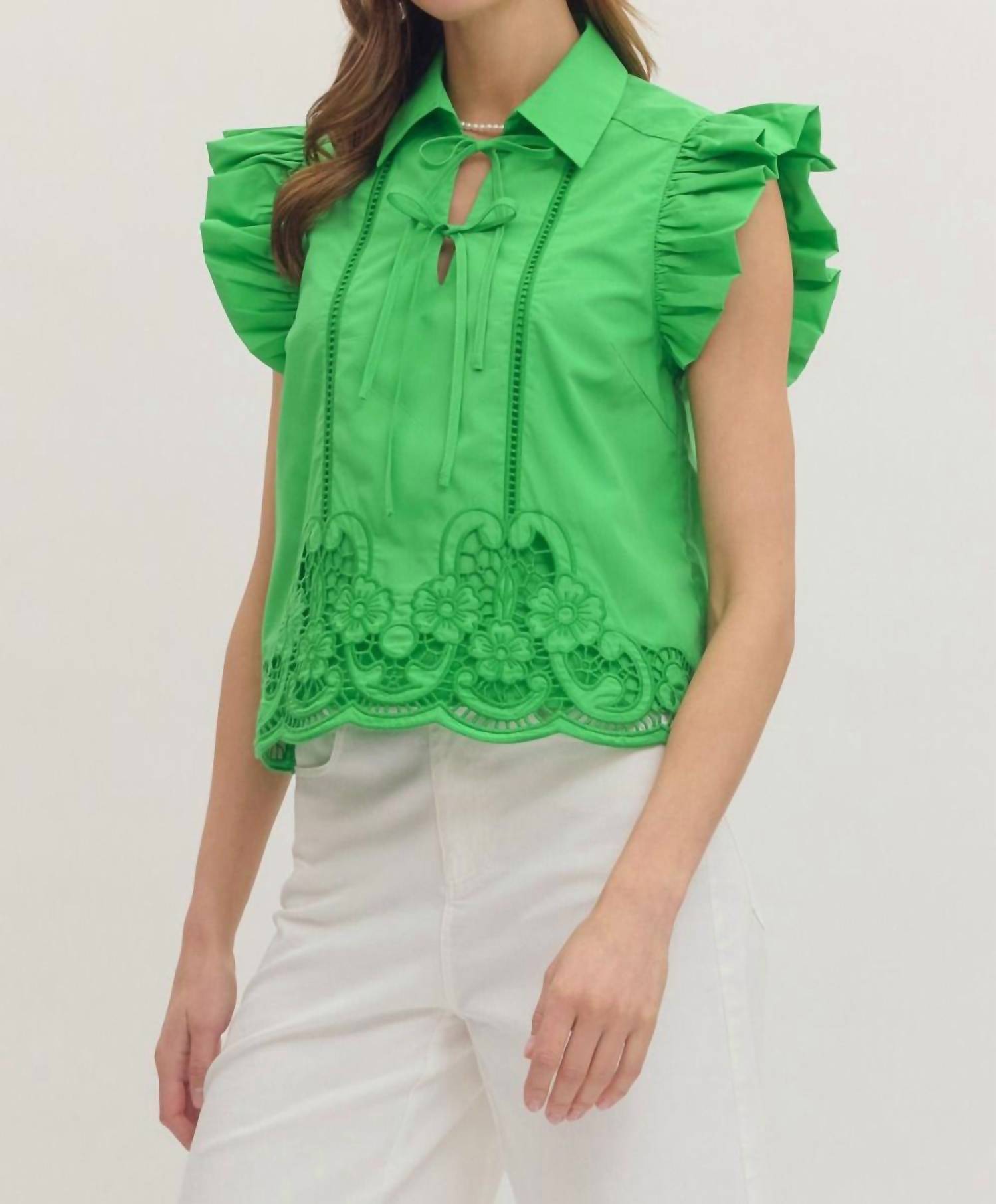Entro - Collared Ruffle Sleeve Bow Tie Blouse with Eyelet Lace