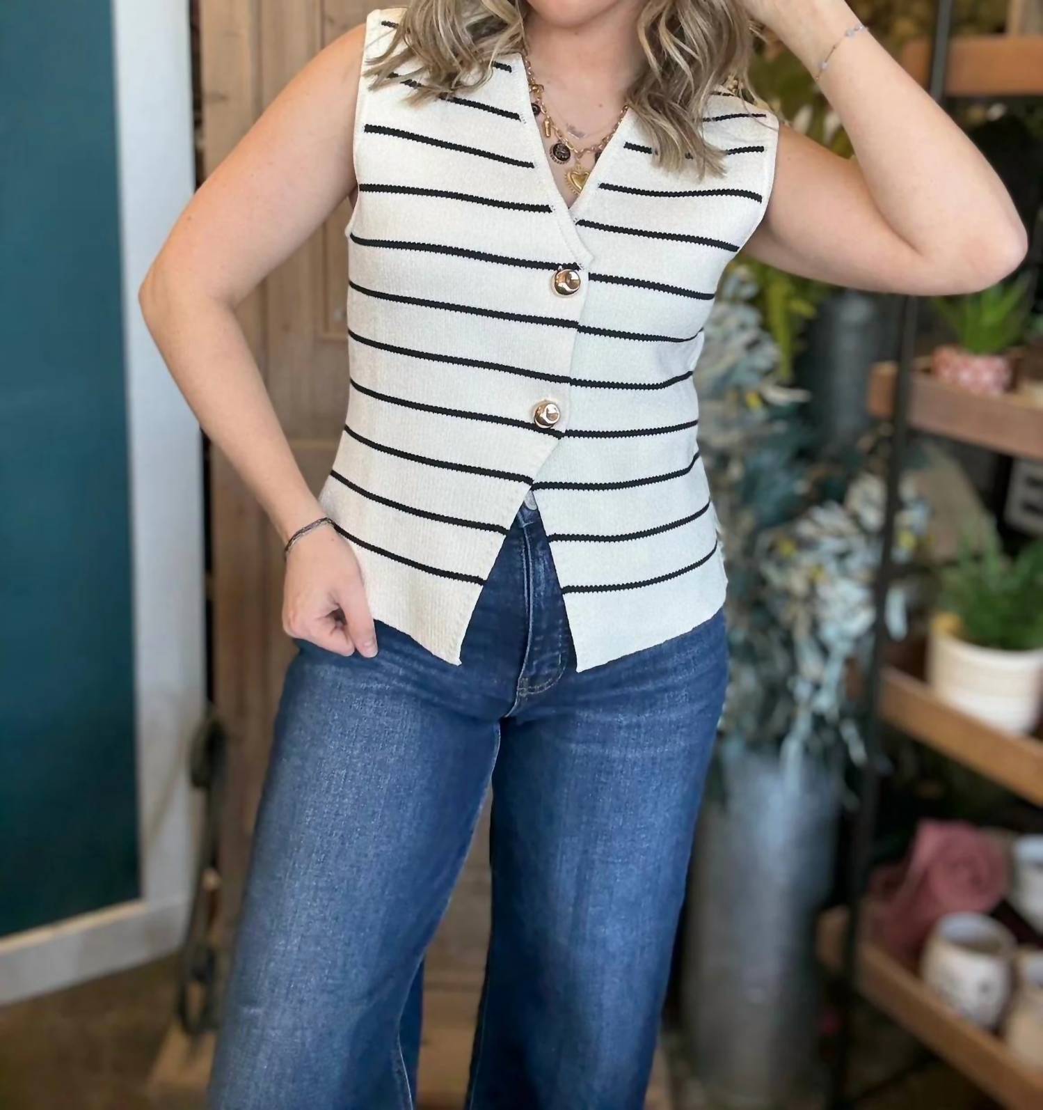 She + Sky - Striped Button Front Sweater Vest
