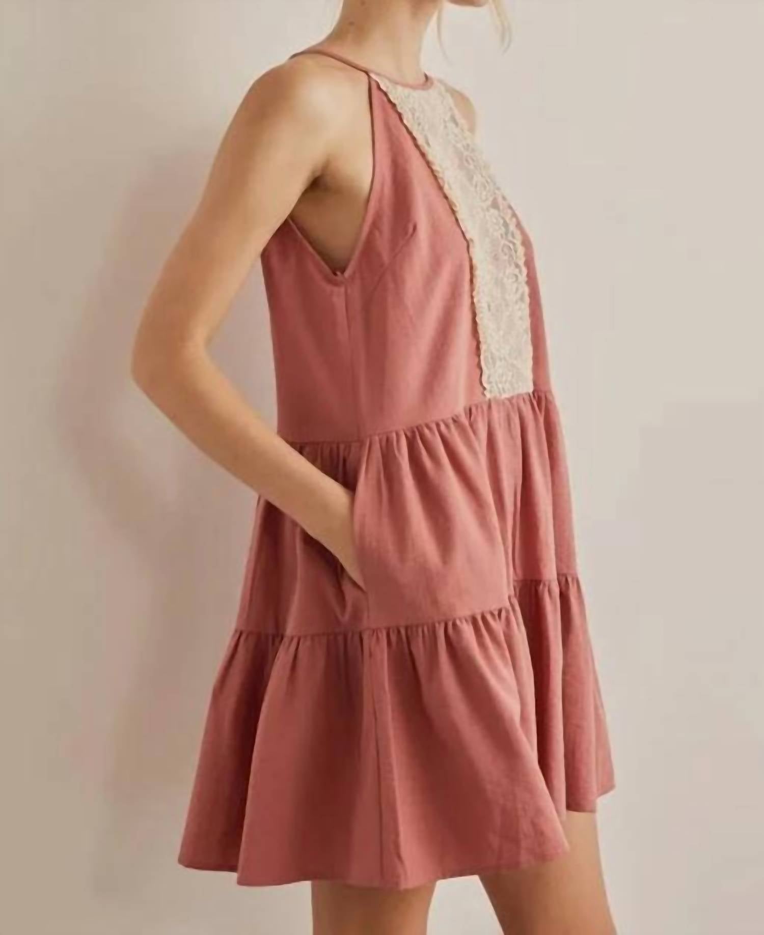 In February - Lace Contrast Tiered Halter Neck Mini Dress