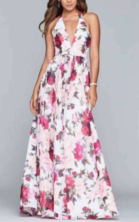 Faviana - Halter V-Neck A-Line Floral Dress