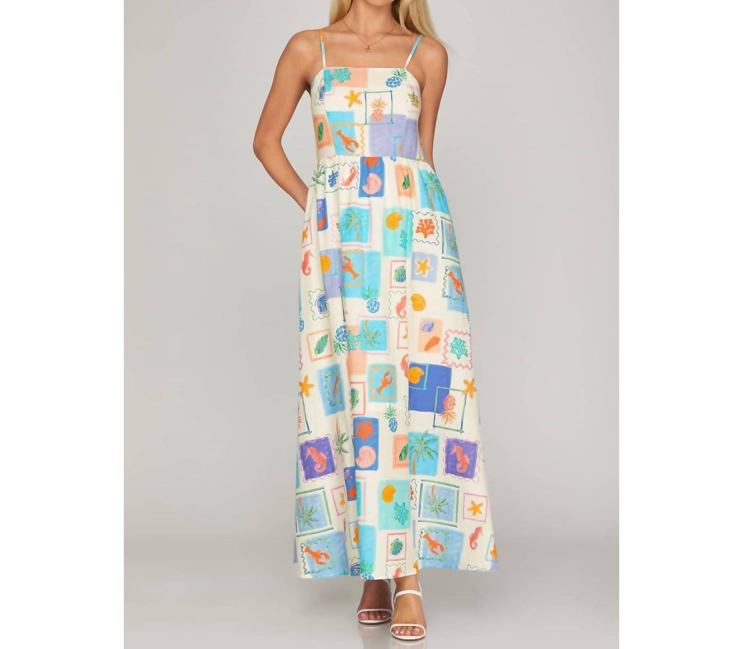 Bns - Coastal Tile Print Cami Maxi Dress With Pockets