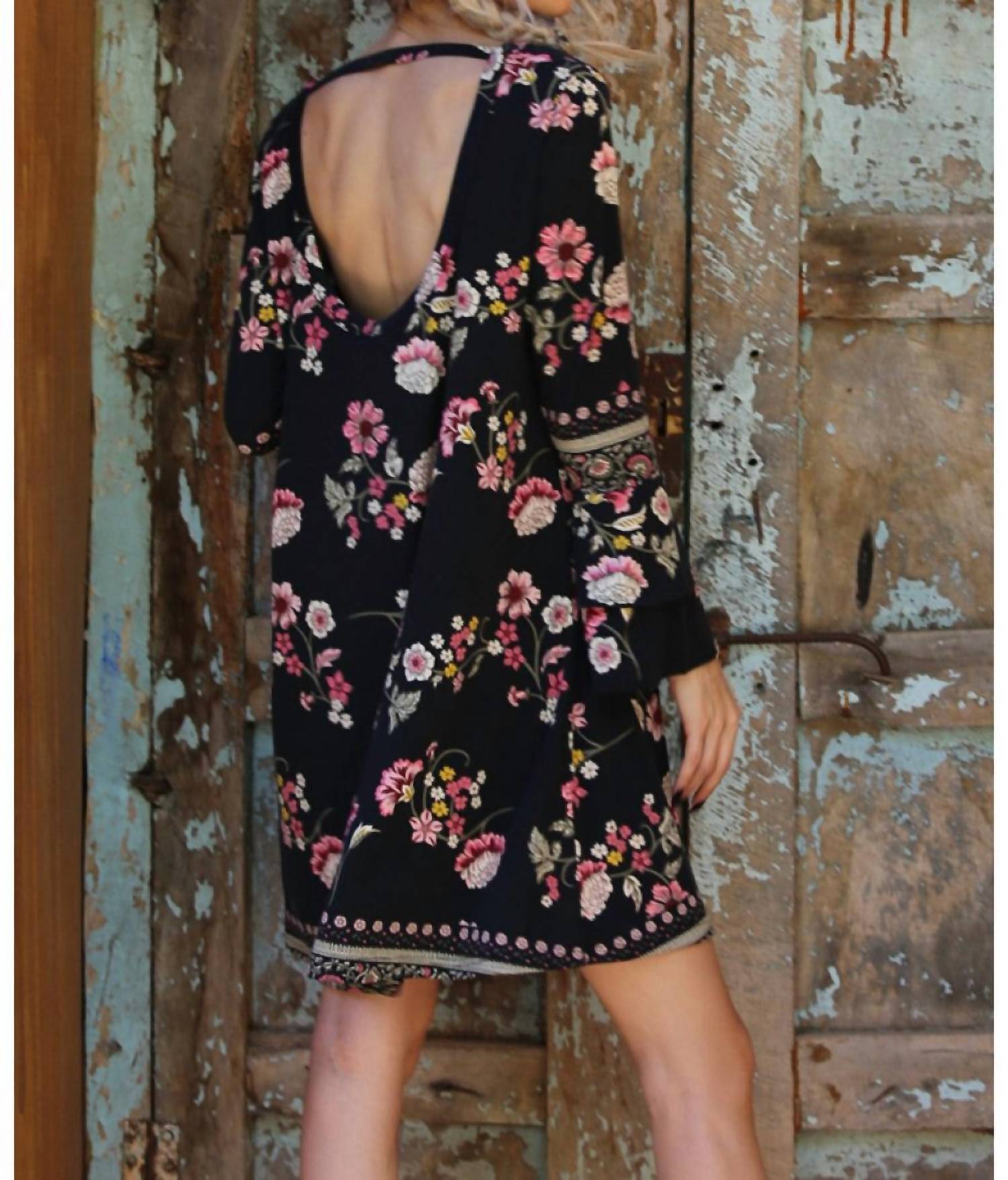 Angie - Floral Double Ruffle Sleeve Open Back Dress