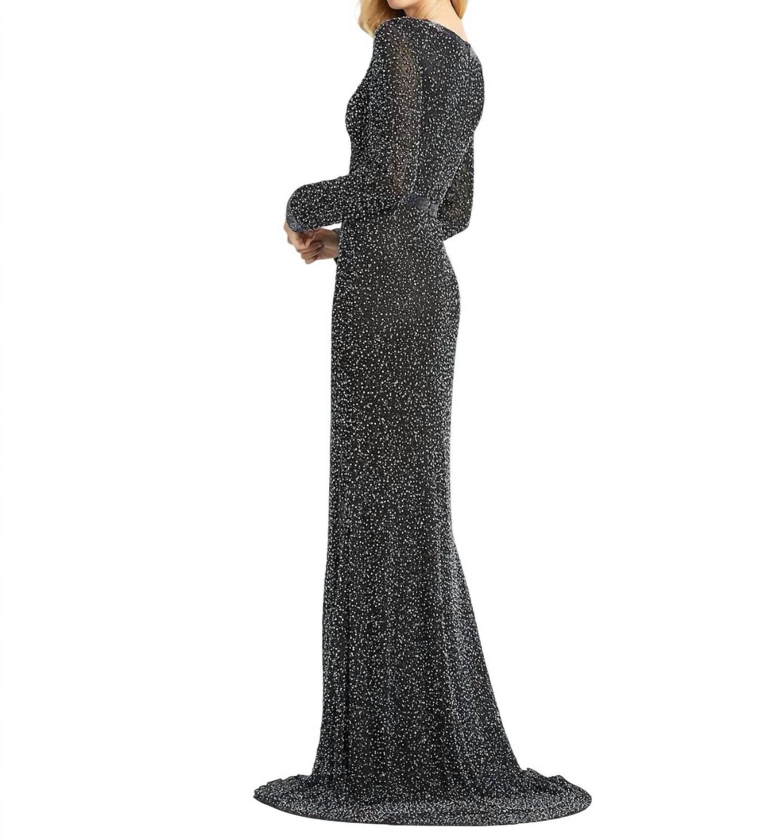 MAC DUGGAL Long Sleeve Prom Gown in black pearl - women's dress - detail view