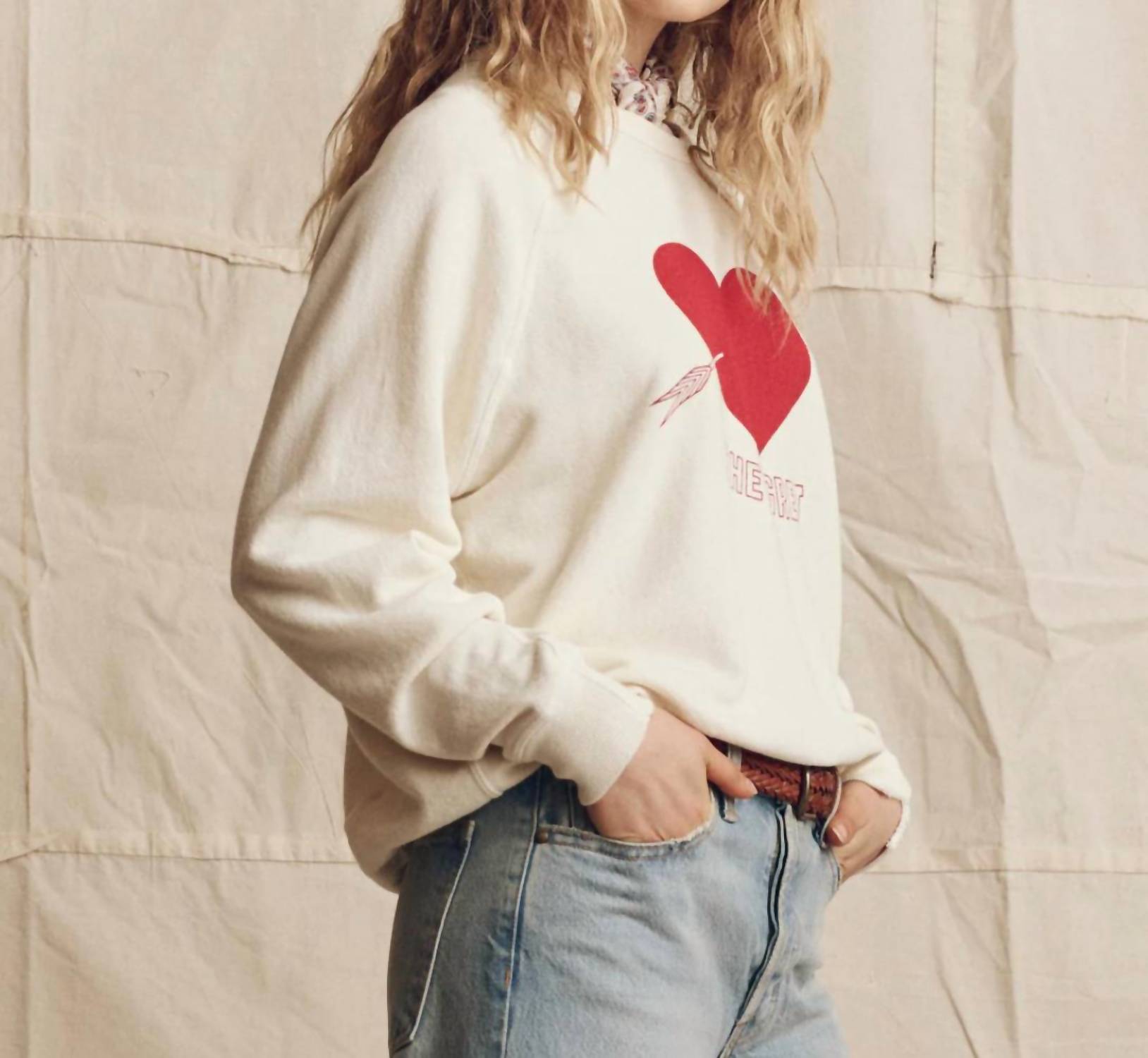 THE GREAT. College Sweatshirt in heart graphic - women's top - detail view