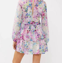 Lovestitch - Watercolor Flower V-neck Tiered Mini Dress