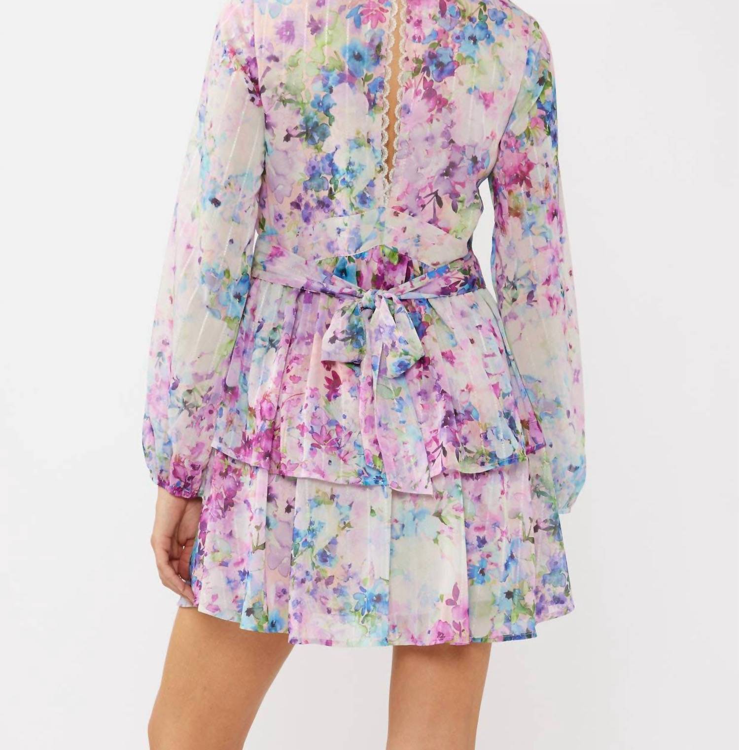 Lovestitch - Watercolor Flower V-neck Tiered Mini Dress