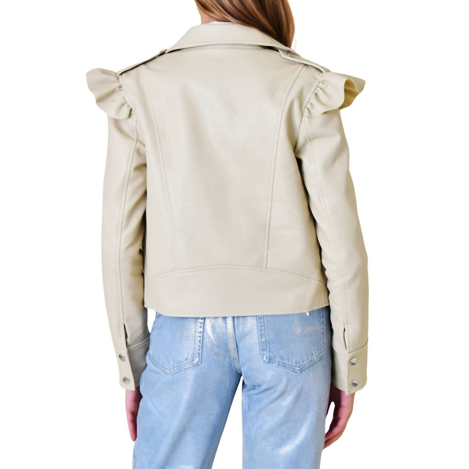 Fore Collection Pleather Ruffle Moto Jacket in beige - women's jacket - view 4