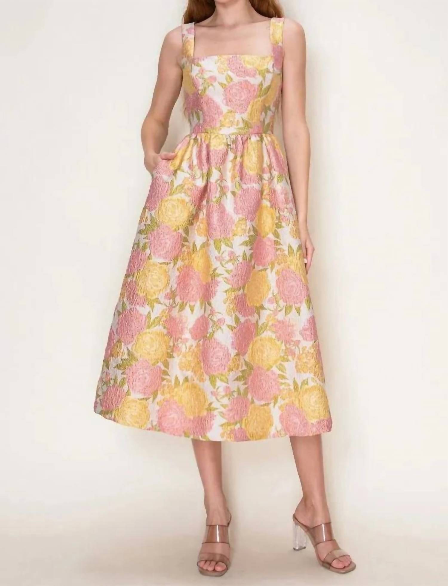 B.Right - Floral Jacquard Square Neck Midi Dress