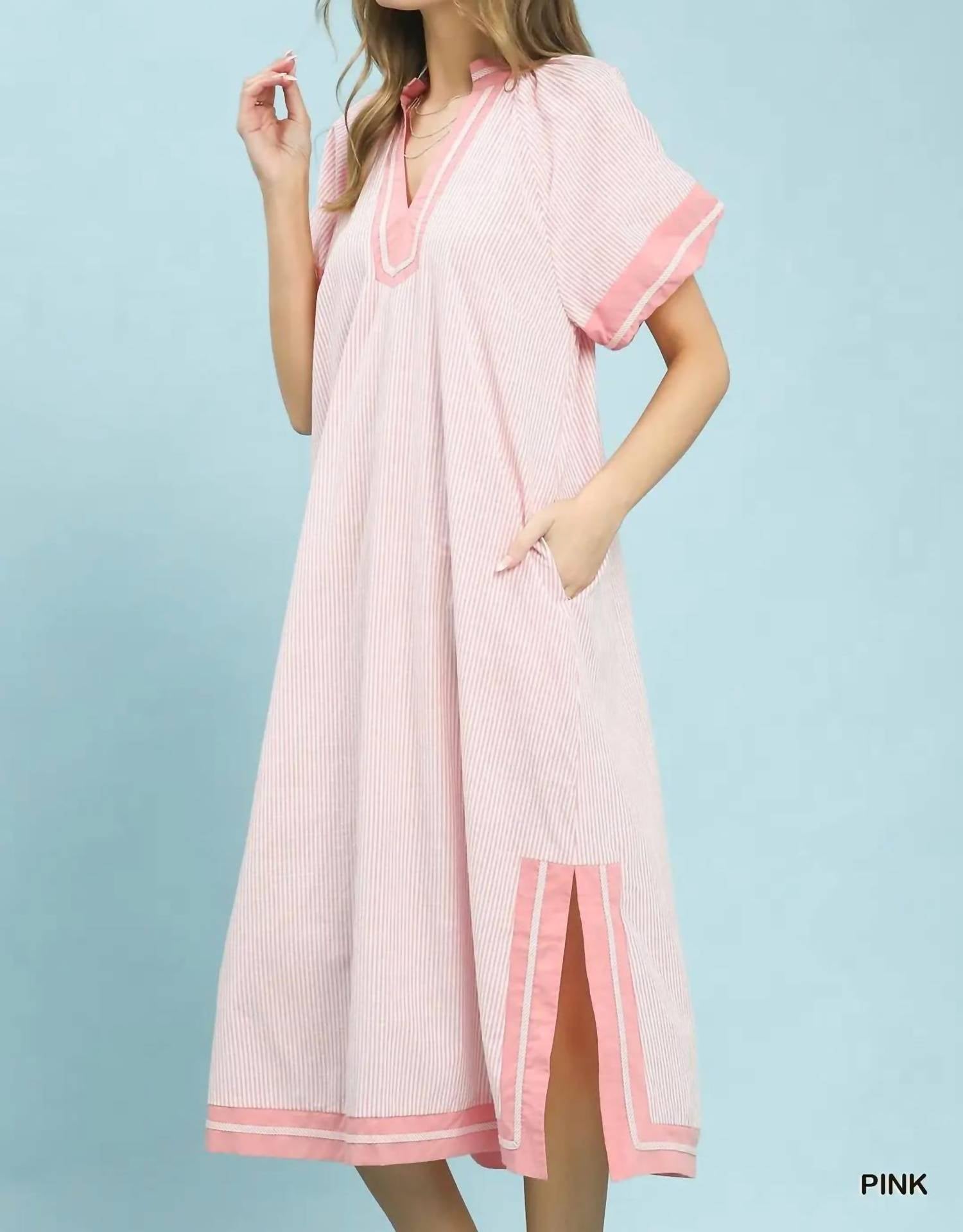 Umgee - Free Spirit Pinstripe Contrast Trim Midi Dress