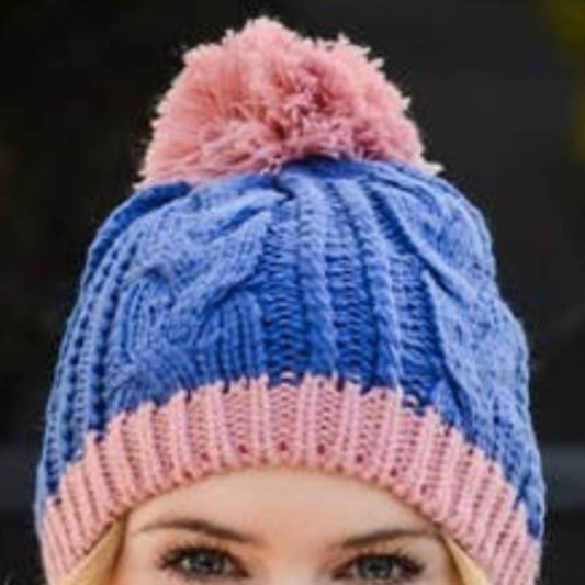 Leto - Women's Two Tone Pom Pom Cable Knit Beanie