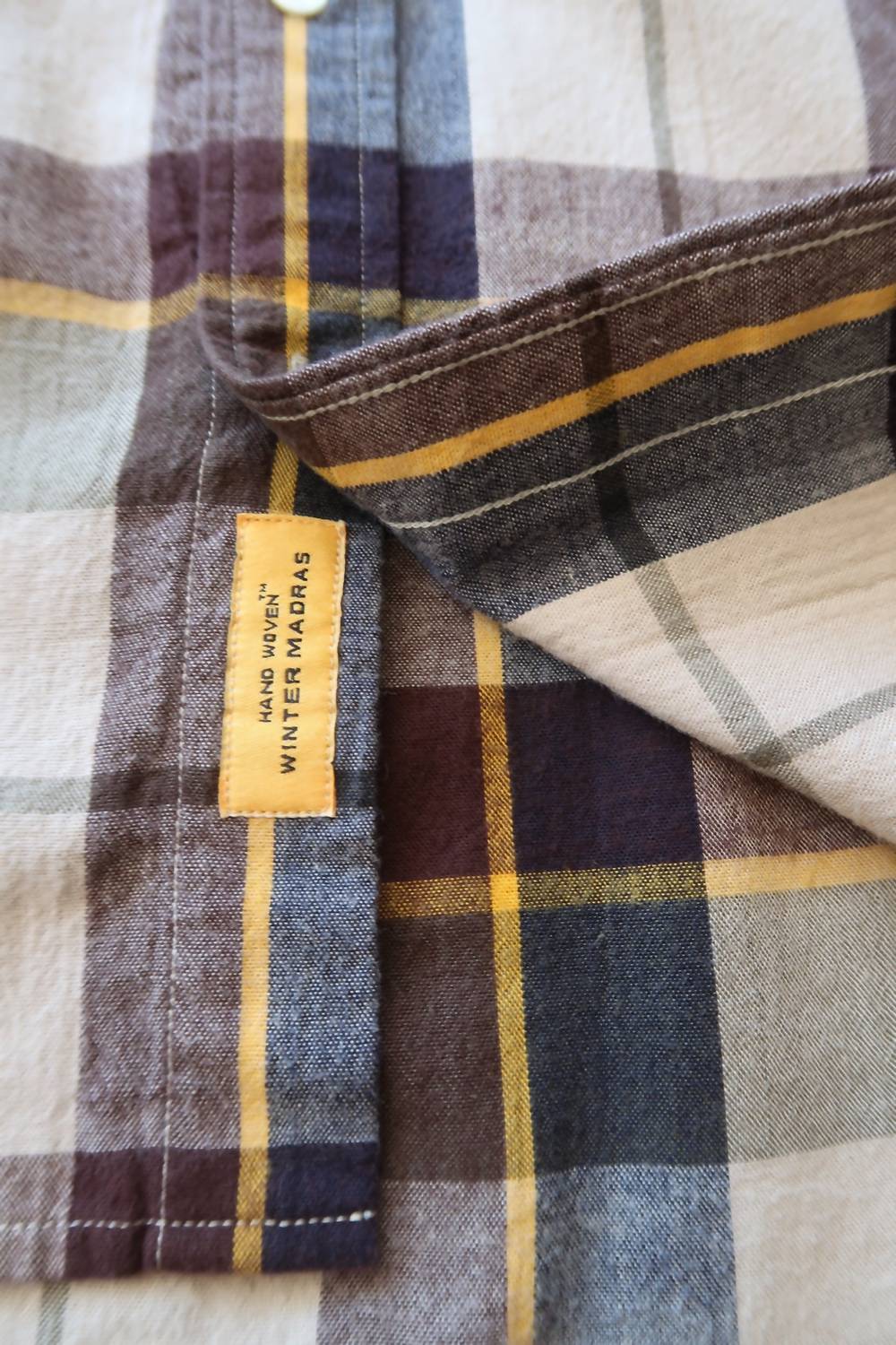Original Madras Trading Company Classic Button Down Shirt in brown plaid - men's long sleeve top - detail view