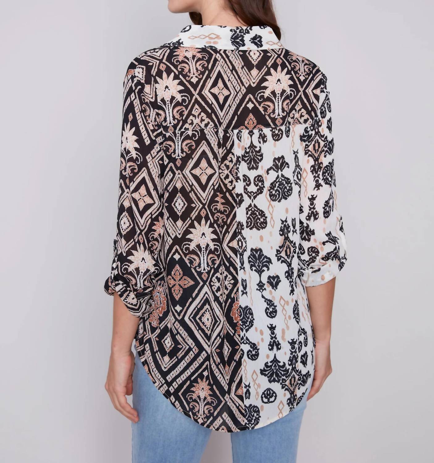 CHARLIE B Damask Long Sleeve Shirt in black cream - women's shirt - detail view