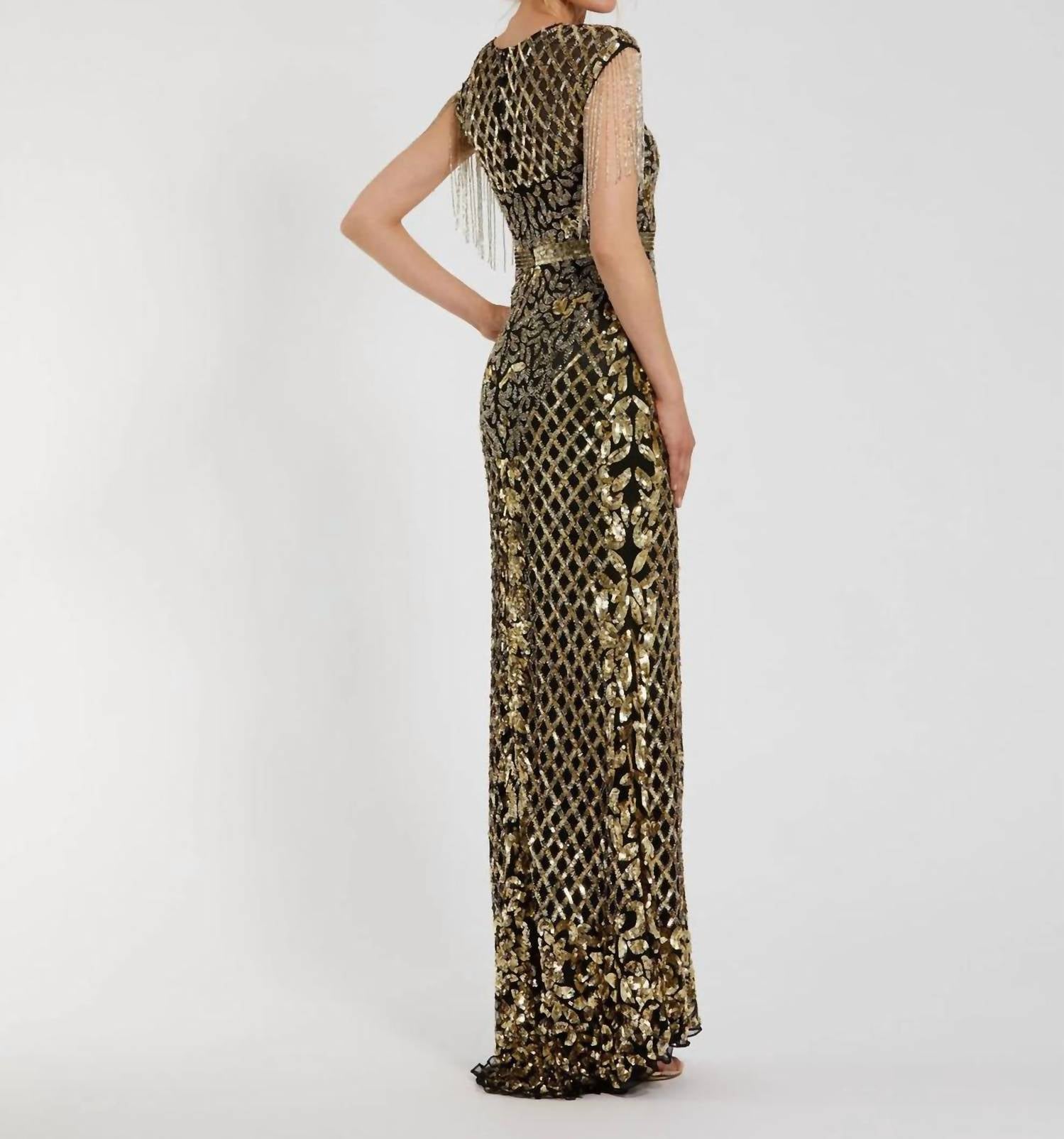 Mac Duggal - High Neck Beaded Fringe Fitted Gown