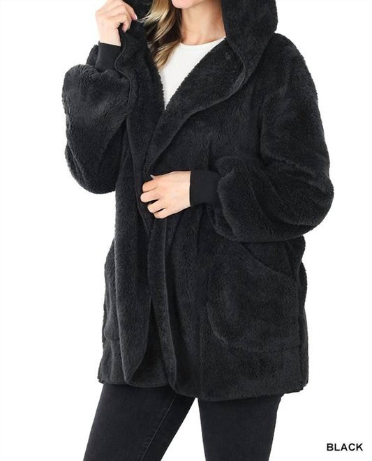 Zenana - Hooded Faux Fur Wrap Jacket With Pockets