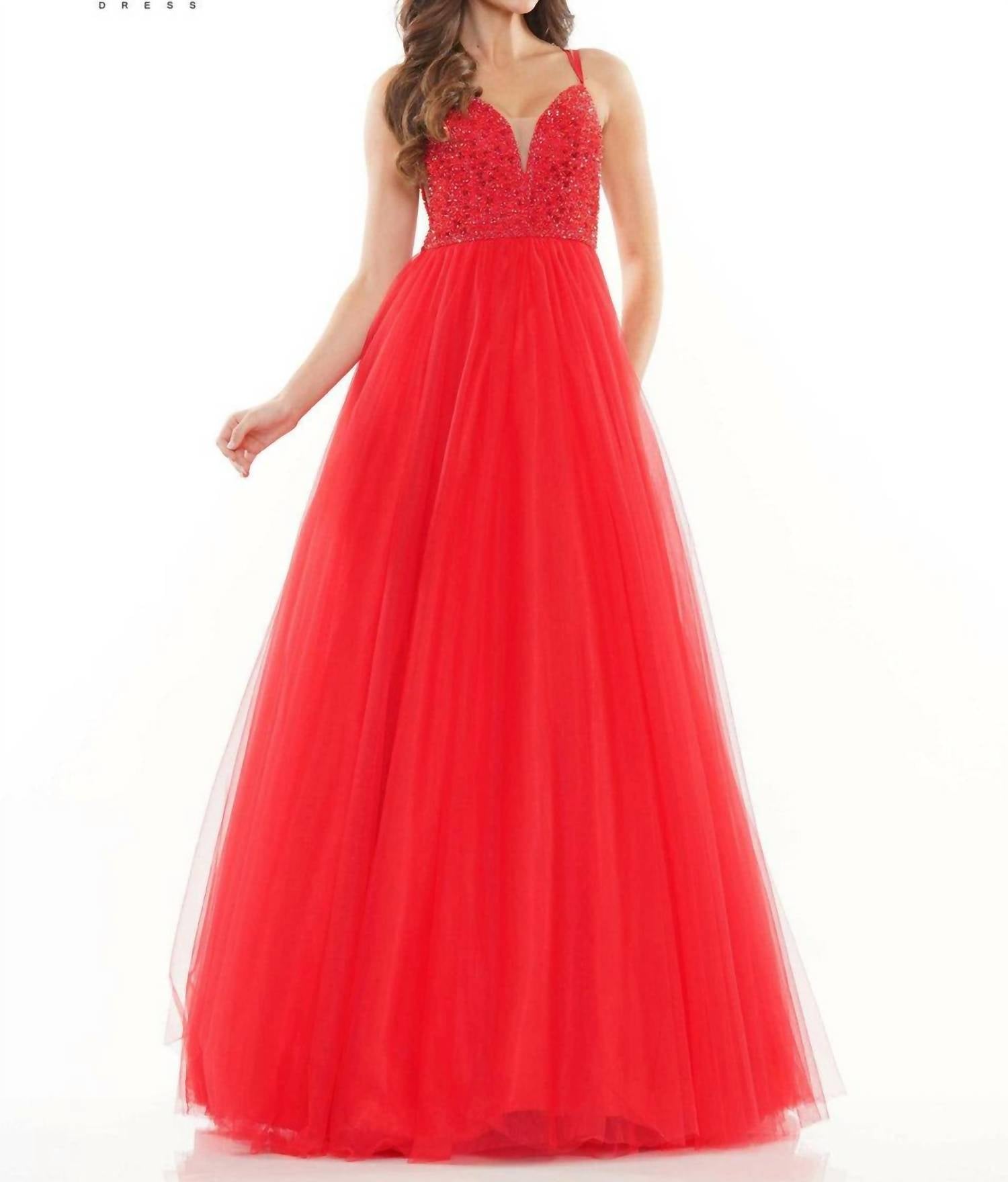 COLORS DRESS Tulle Beaded Ball Gown in red - women's dress
